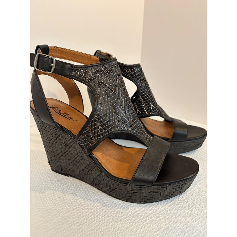 Lucky Brand Black Leather Woven‎ Wedge Platform Sandal Heels Size 8.5 Adjustable